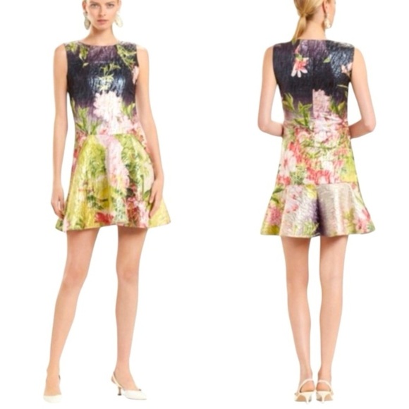 NATORI Birds Of Paradise Jacquard Shimmer Metallic Drop Waist Dress Size 10 NEW - Picture 3 of 12